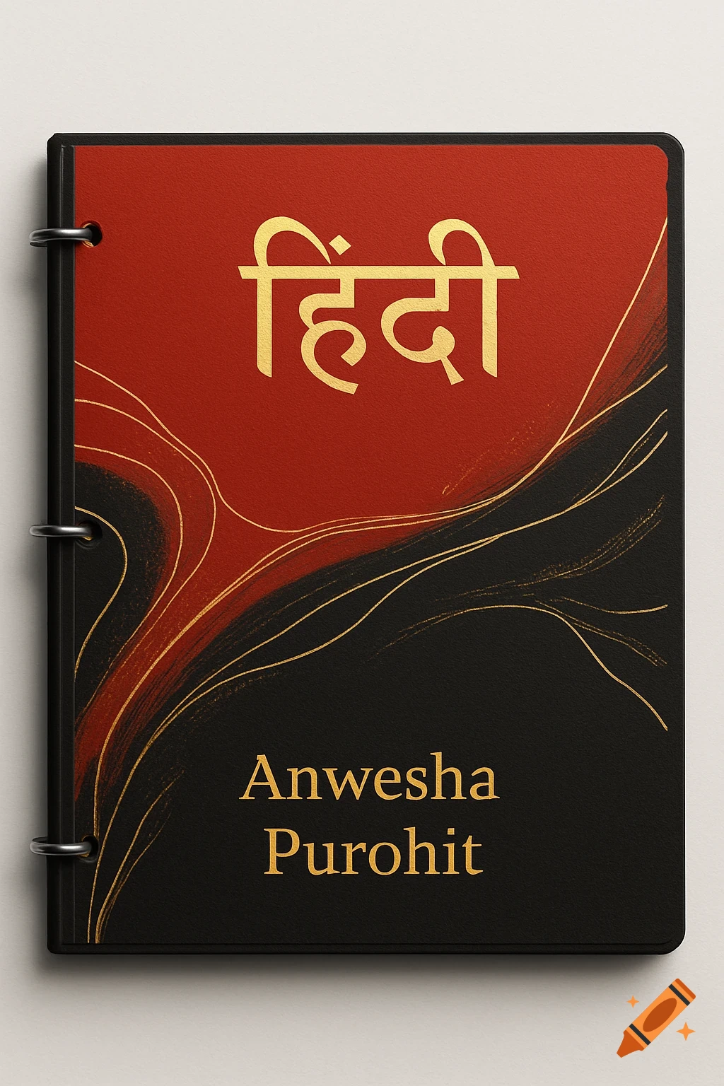 A red and black binder cover with gold wavy lines. It features 'हिंदी' in large gold text at the top and 'Anwesha Purohit' below.