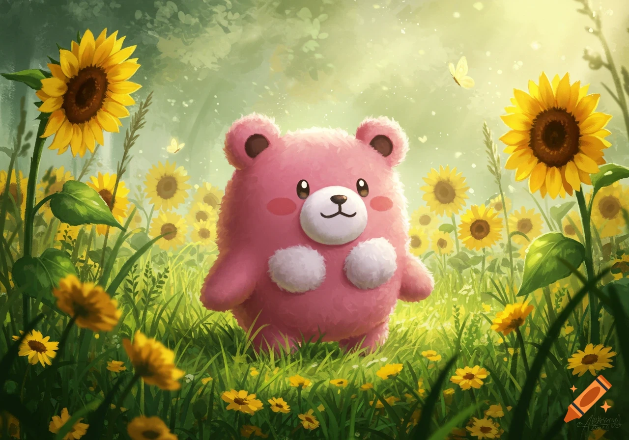 A cute pink fluffy bear-like creature (Stufful) stands in a vibrant field of yellow sunflowers with butterflies under a bright sky.