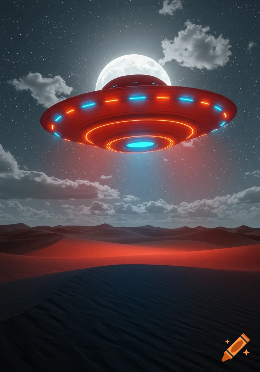 A red UFO hovers over red-lit desert dunes under a starry night sky with a full moon.