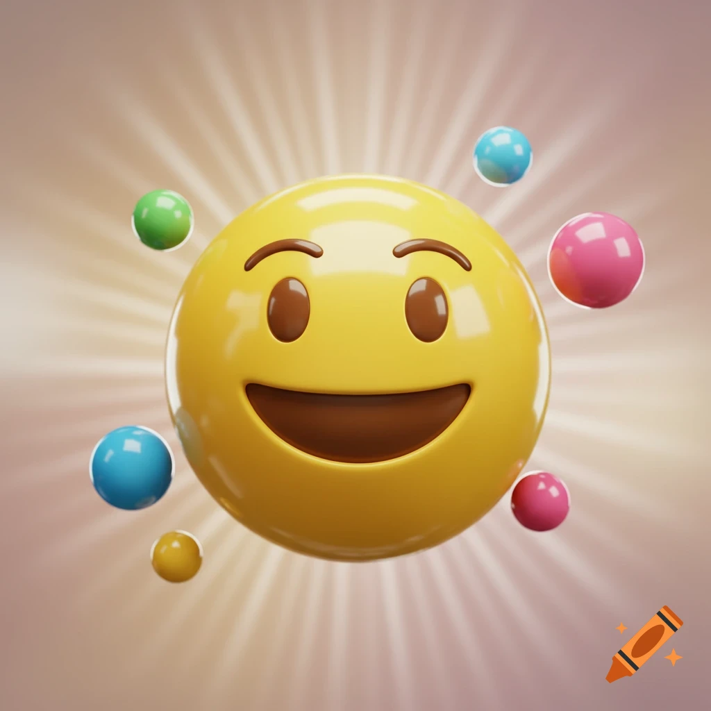 A glossy yellow happy face emoji with bright brown eyes and a wide smile, surrounded by colorful floating spheres, on a background with radiating light.