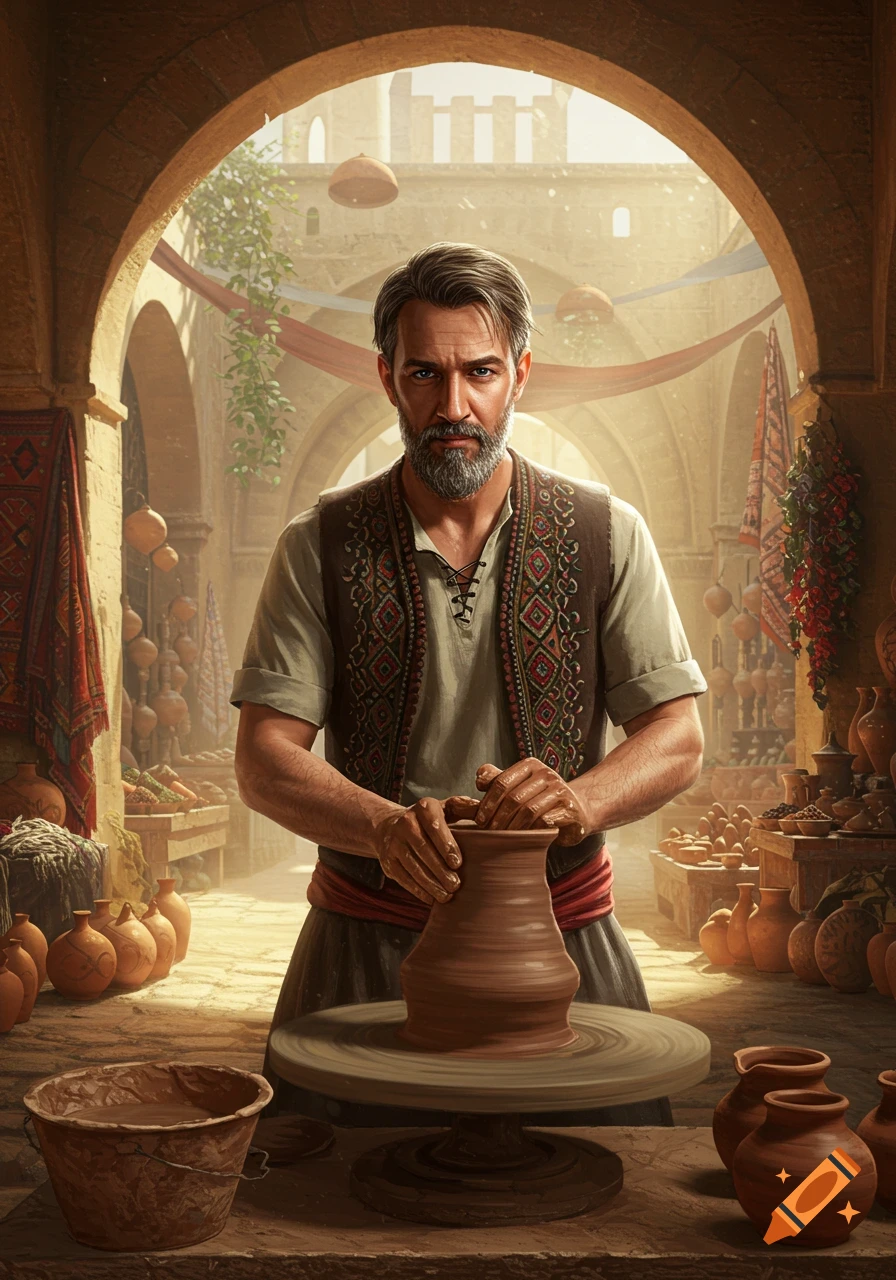 Photorealistic image of a bearded man crafting pottery on a wheel in an ancient market setting under an archway.