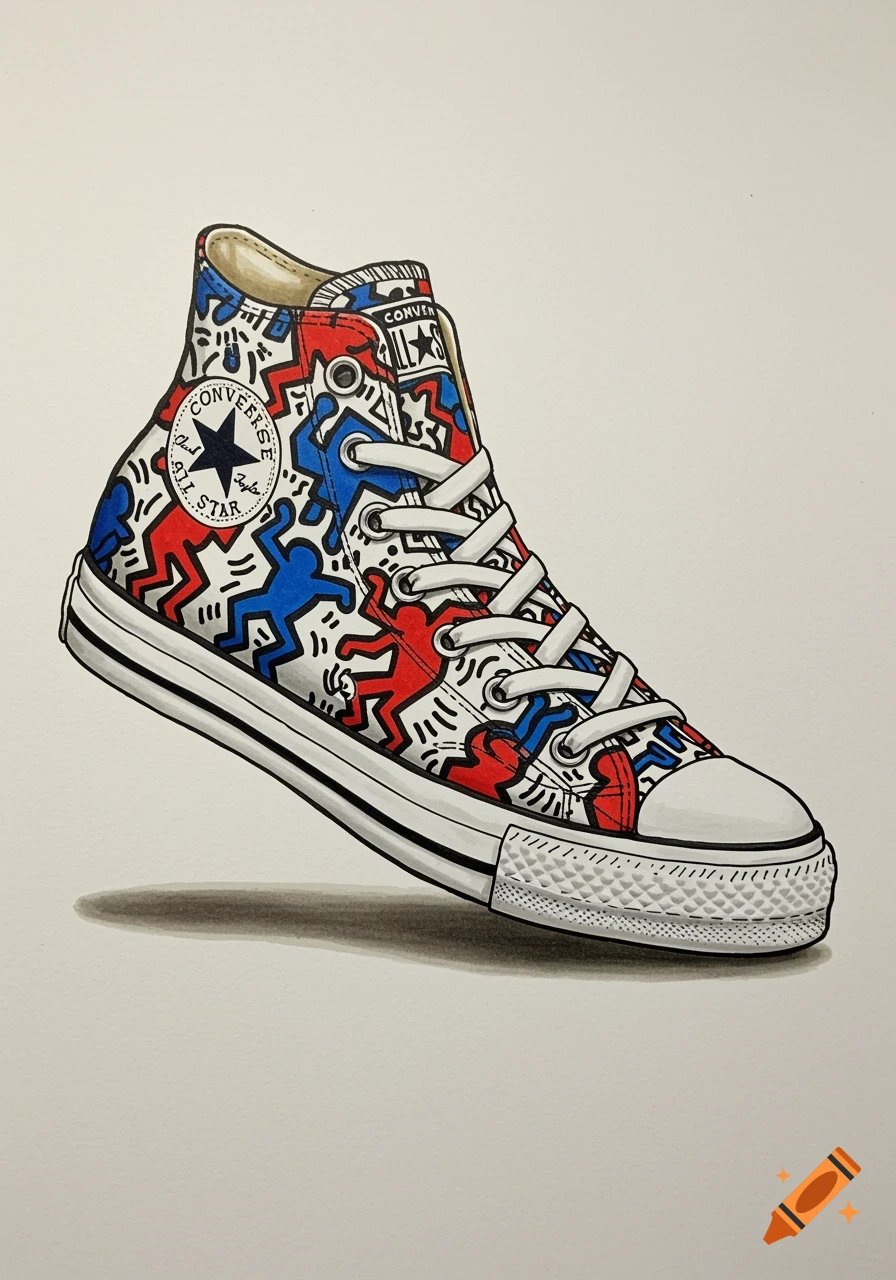 A colorful 2D art illustration of a Converse All Star high-top sneaker featuring Keith Haring's iconic pop art figures in red and blue on a white background, with a shadow underneath.