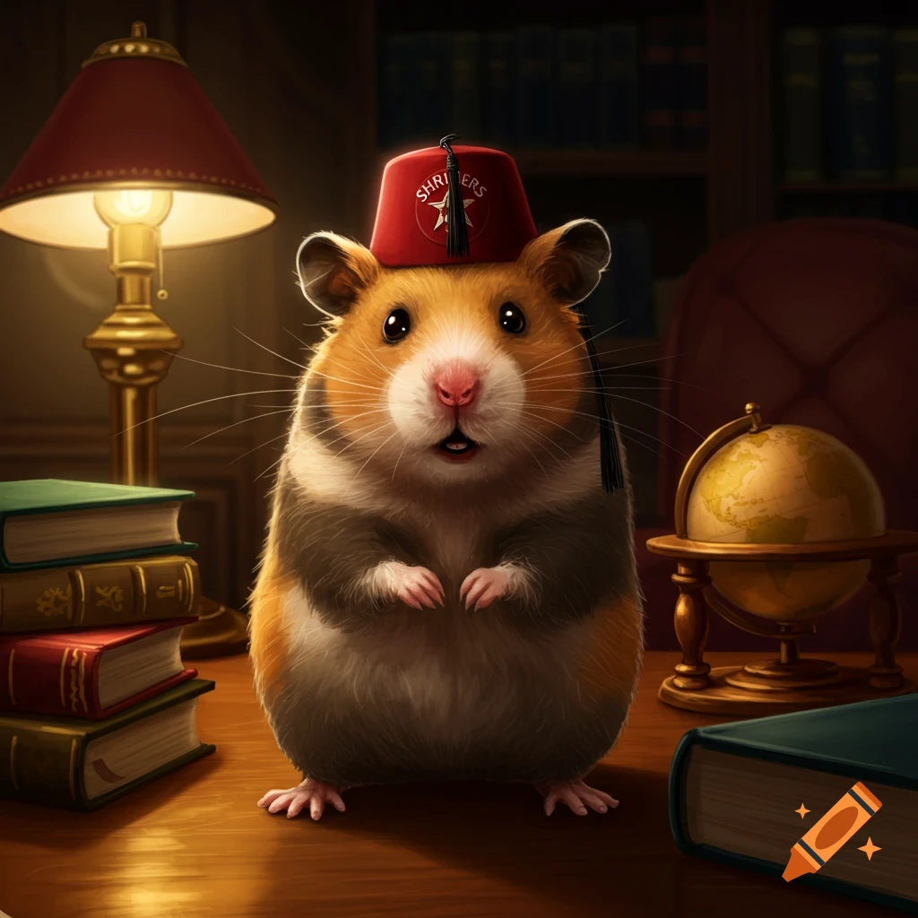 A cute hamster wearing a red fez with text and a star sits on a wooden desk with a lamp, books, and a globe in a study.