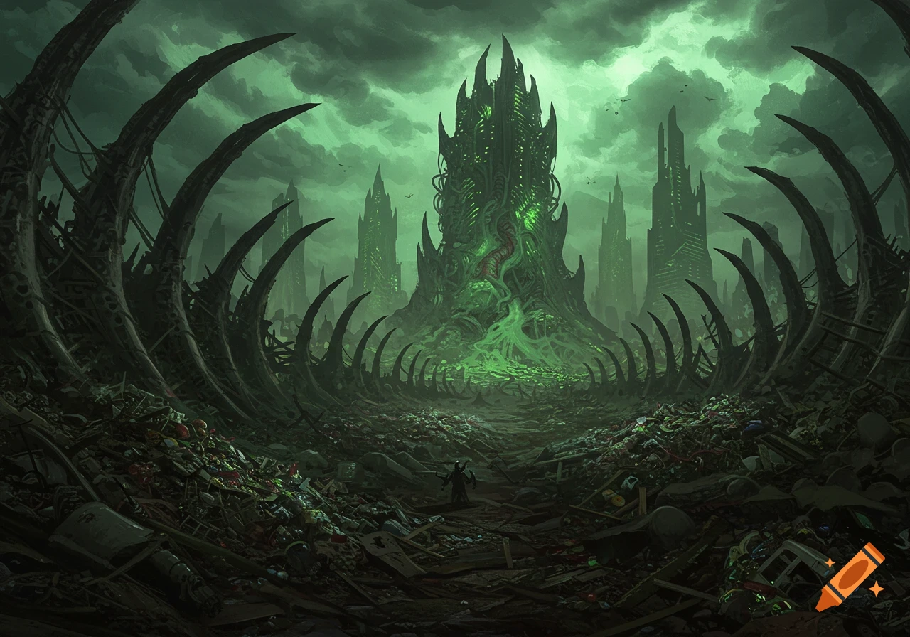 A dark, green-tinged dystopian landscape features a towering, organic-tech city amidst piles of bone-like structures and debris, under a cloudy sky.