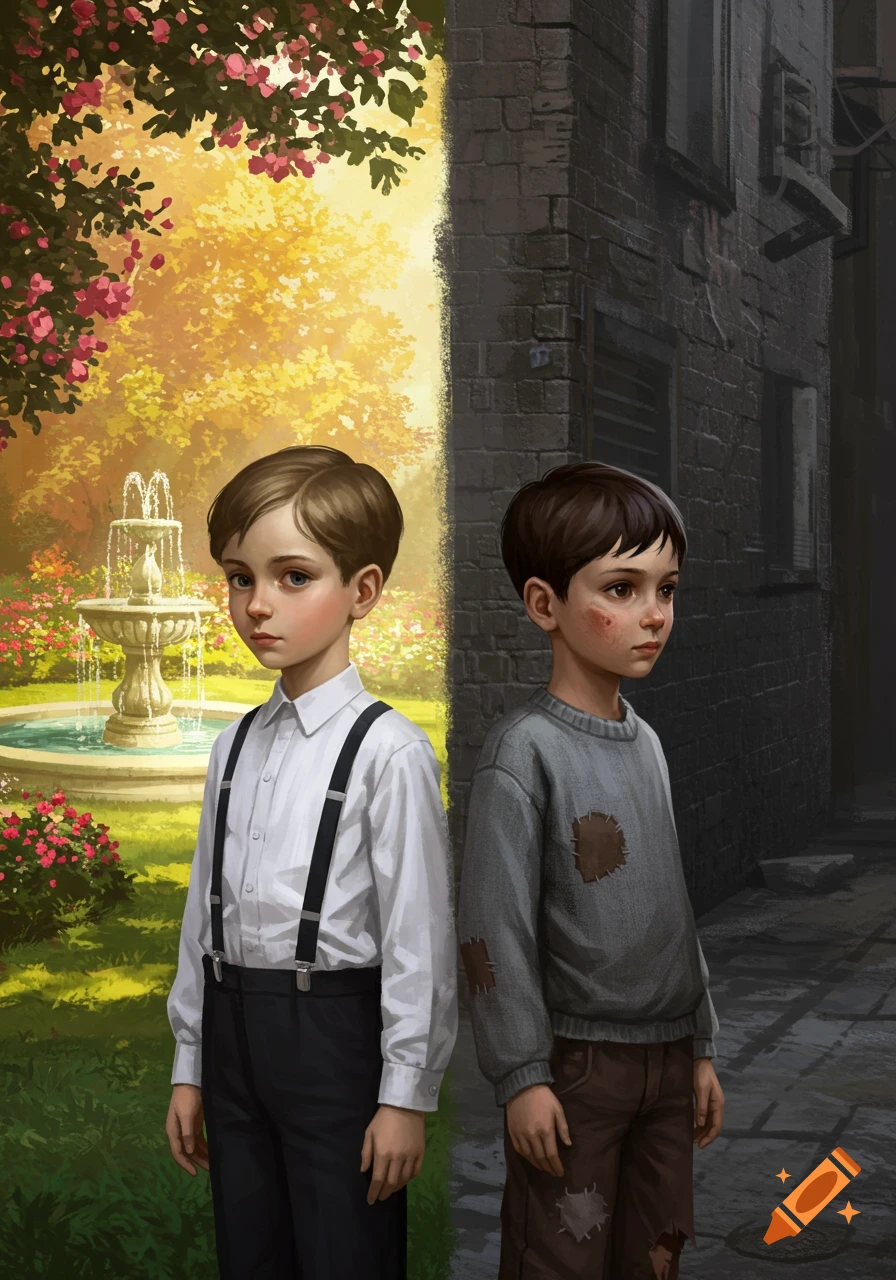 A digital painting shows two young boys standing side-by-side. The boy on the left is well-dressed in a white shirt and suspenders in a lush garden with a fountain. The boy on the right is in torn, patched clothing in a dark, grimy alley.