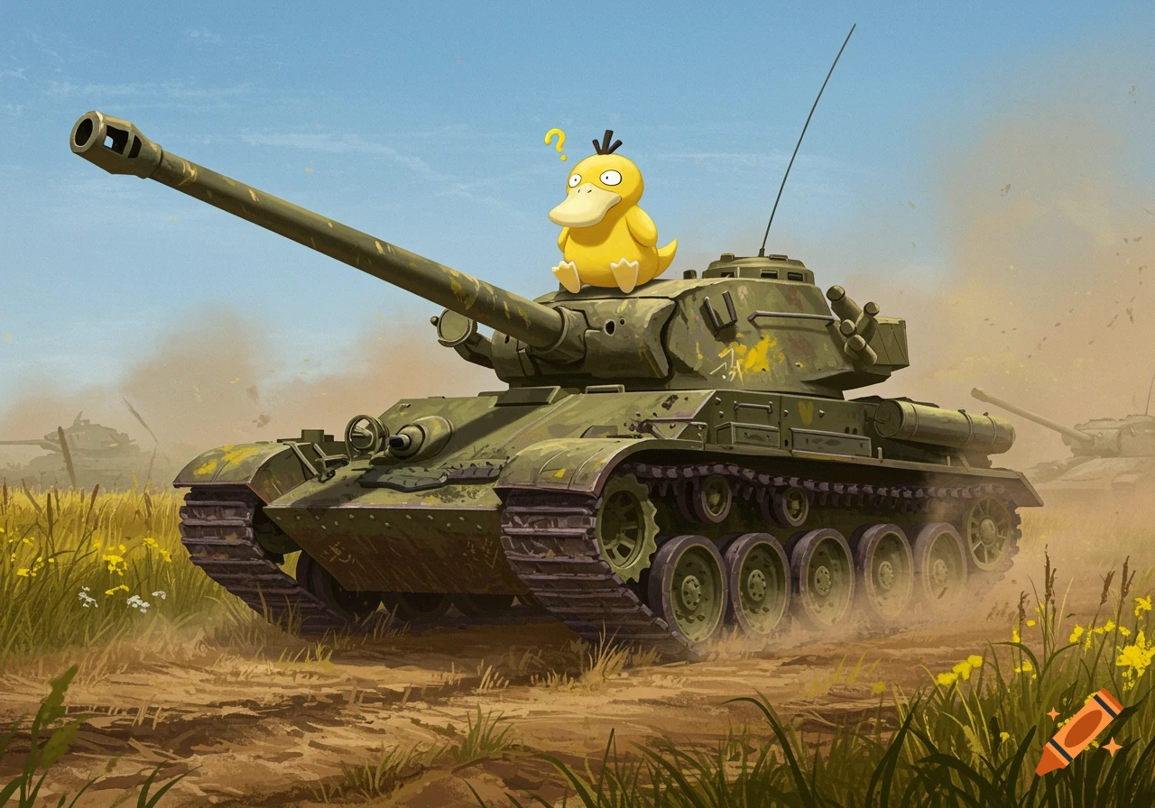 A yellow Psyduck sits on a green military tank in a dusty field with other tanks in the background, in an illustrative style.