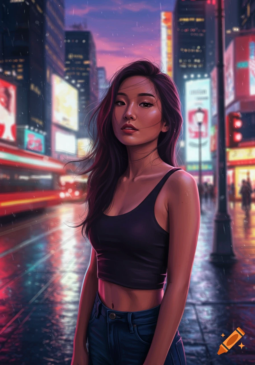 Digital art portrait of an Asian woman in a black crop top and jeans on a wet, neon-lit city street at night.