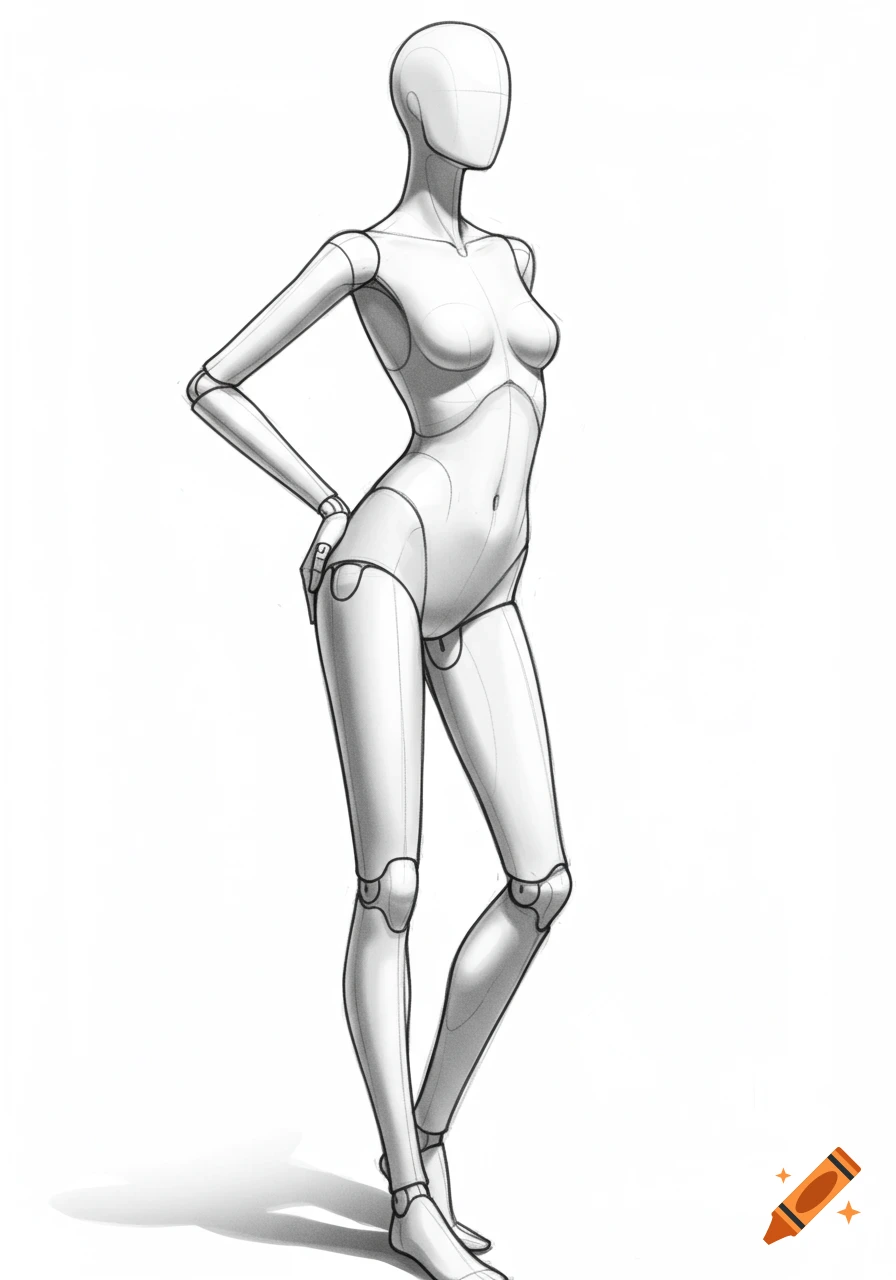 A black and white sketch of a female art mannequin in a dynamic pose, with visible joints and shading.