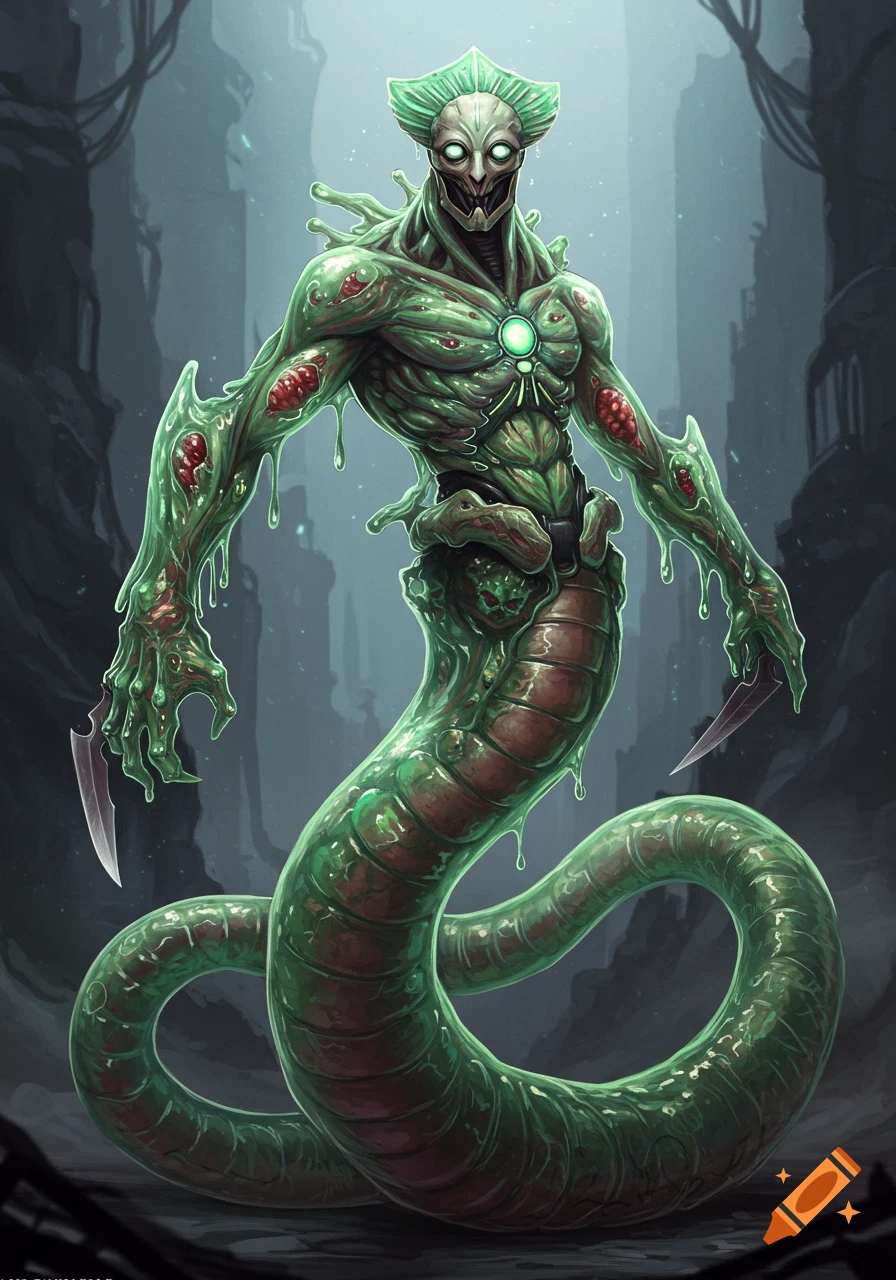 A tall, green, slimy biomechanical creature with a humanoid upper body, glowing eyes, and a long snake-like tail, holding knives in its hands.