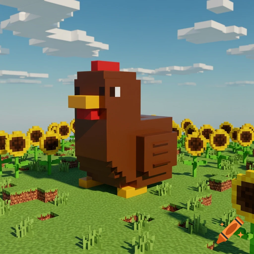 A blocky brown chicken stands in a Minecraft-style field of sunflowers under a blue sky with white clouds.