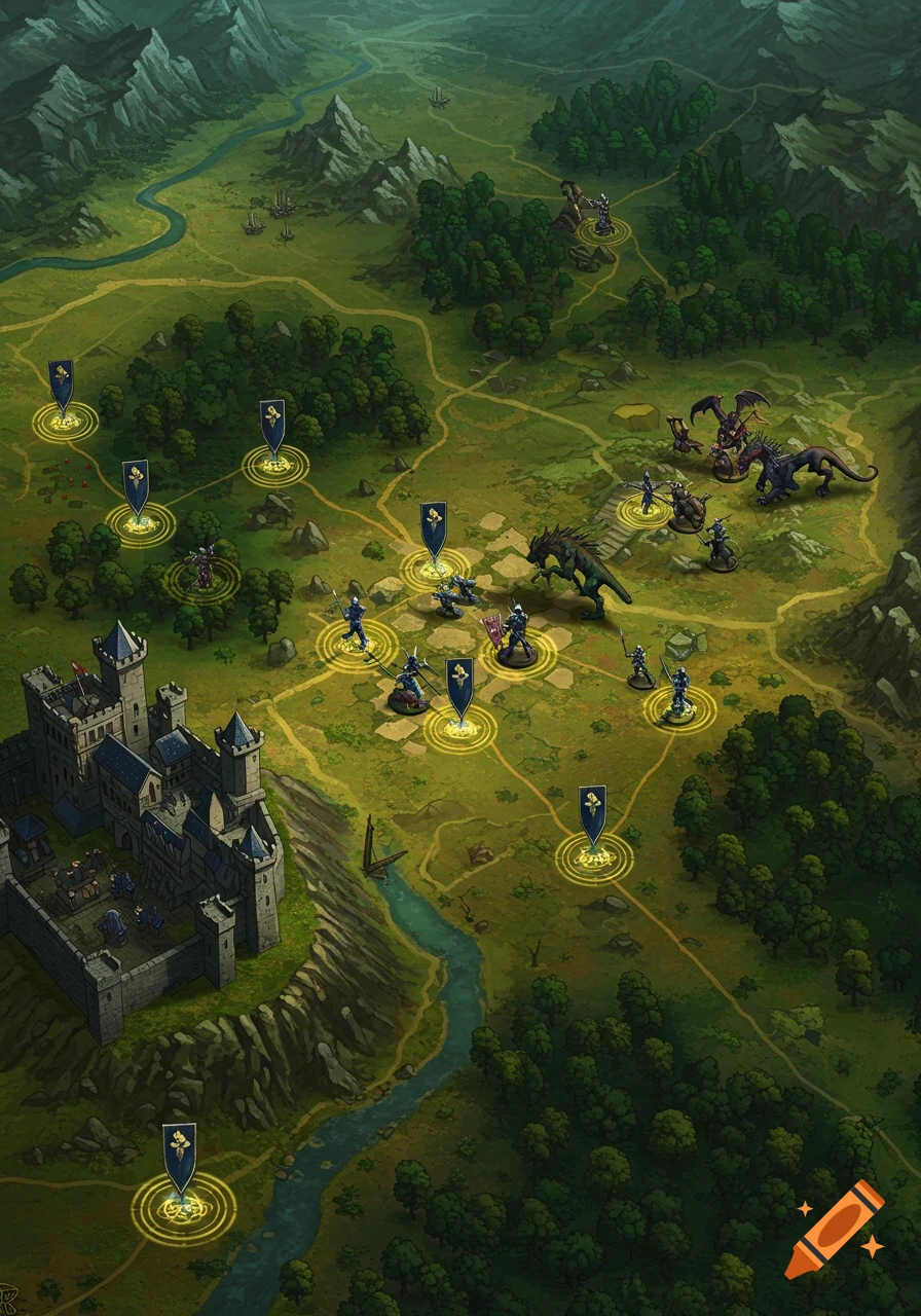 Overhead view of a detailed fantasy battle map with a medieval castle, river, forests, mountains, armored knights, and mythical creatures like dragons.
