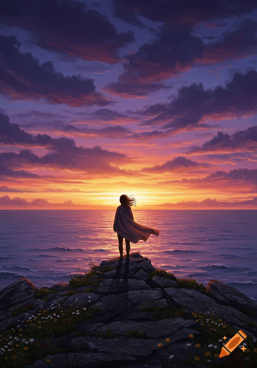 A lone figure stands on rocky cliffs overlooking a vast ocean at sunset, with a vibrant purple and orange sky.