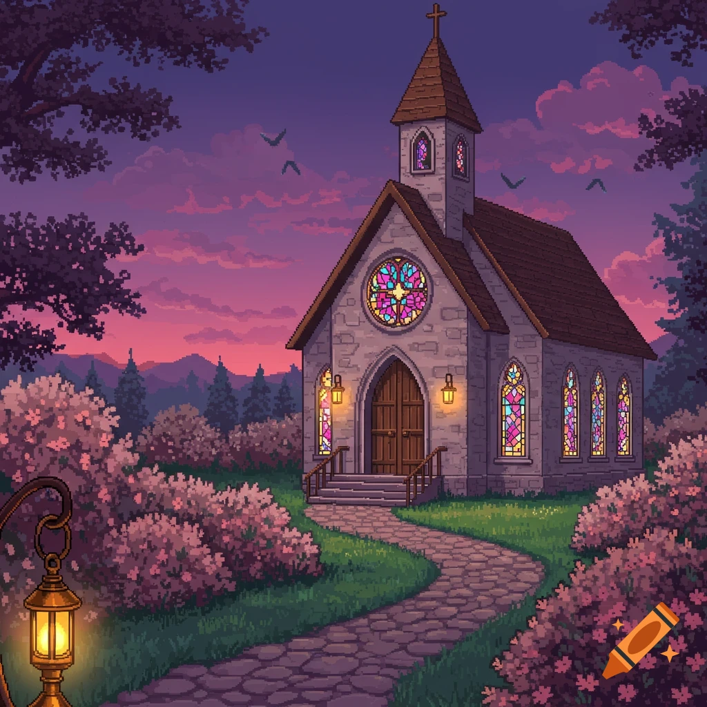 Pixel art chapel at sunset surrounded by lush foliage and a winding stone path.