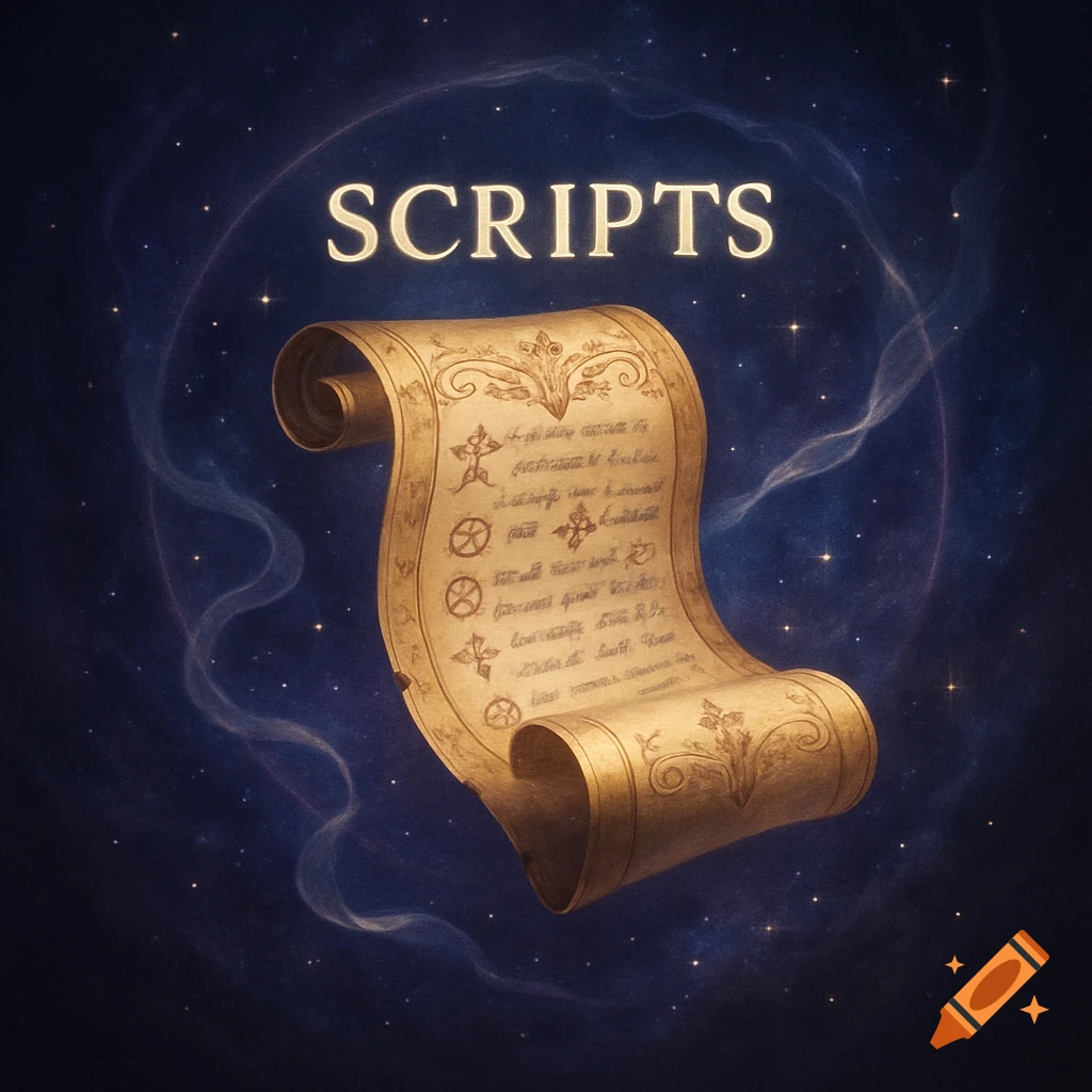 An ornate golden scroll with stylized writing and symbols, surrounded by a subtle light haze and stars, floating in a dark blue, cosmic background. The word "SCRIPTS" is prominently displayed above the scroll.