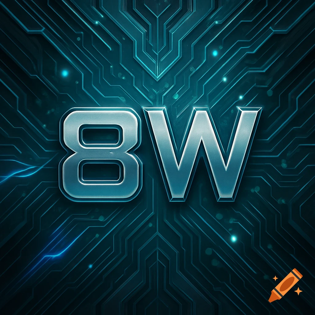 Metallic silver "8W" text on a dark blue background resembling a glowing circuit board.