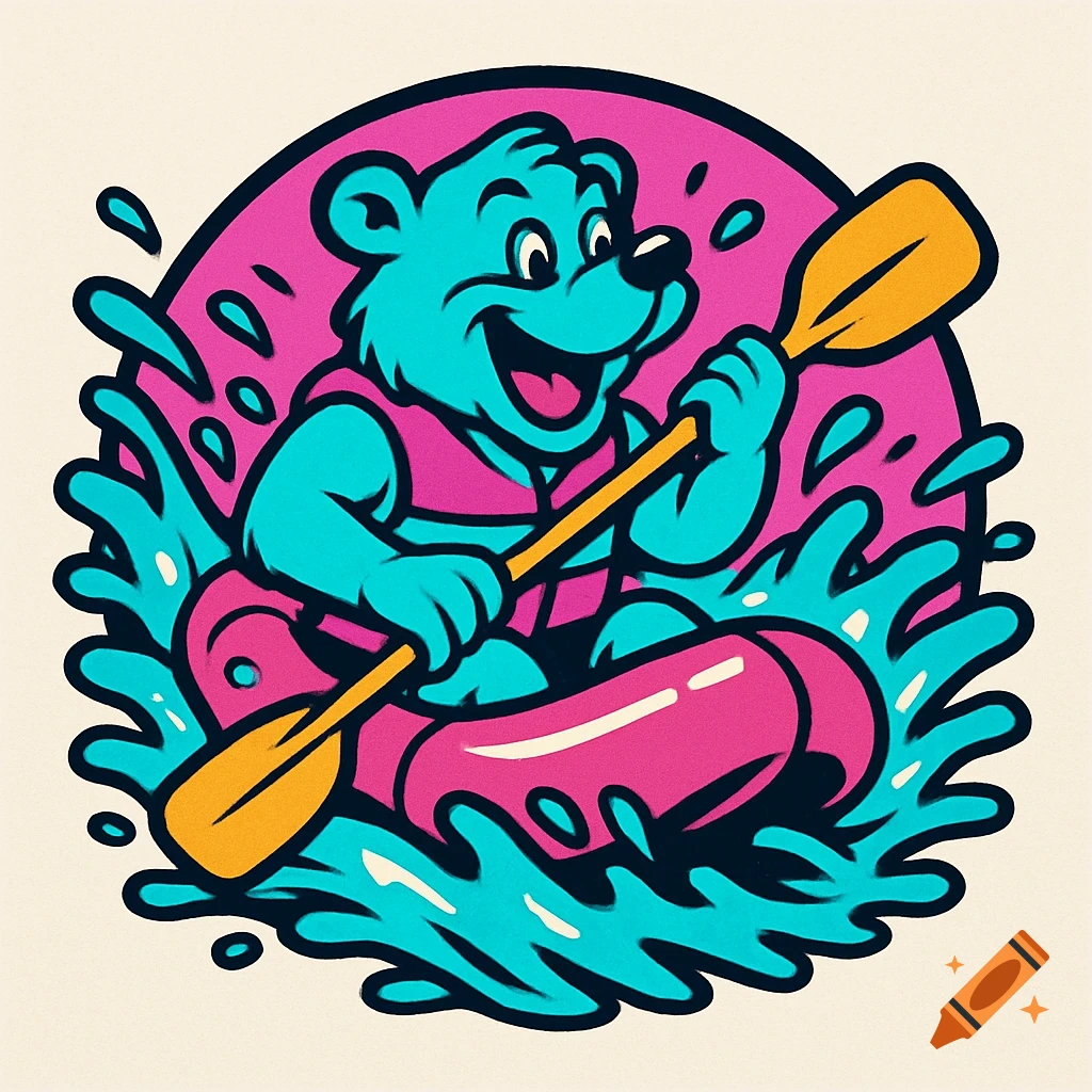 A vibrant 90s cartoon logo of a blue bear in a pink raft, paddling through turquoise water.