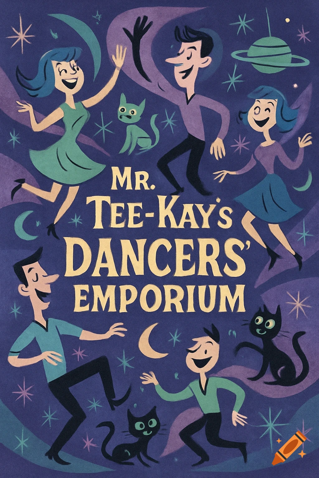 A mid-century modern atomic style illustration of six smiling dancers and three cats, surrounded by stars, moons, and a planet, with the text 'MR. TEE-KAY'S DANCERS' EMPORIUM'.