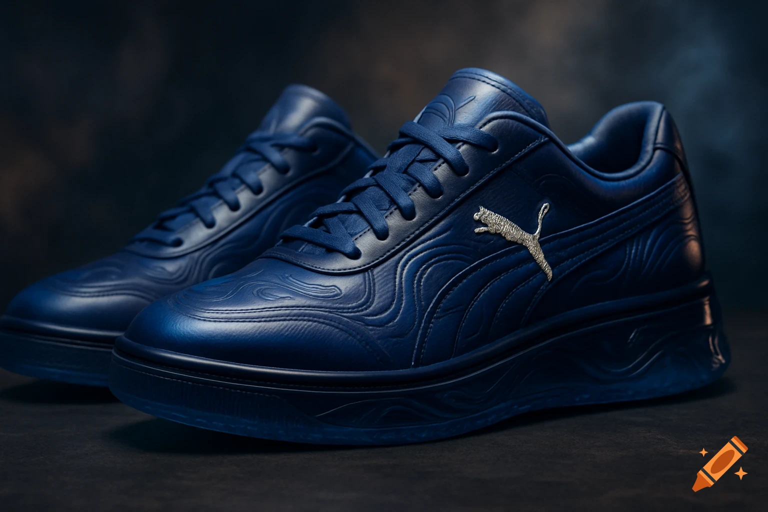 A pair of dark blue Puma sneakers with a silver logo and intricate embossed patterns, photorealistic.