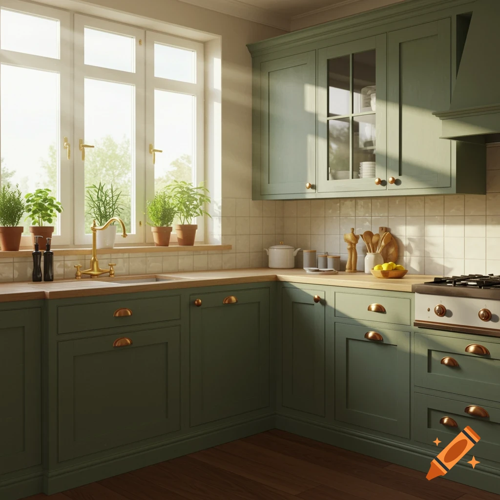 A bright kitchen with dark green cabinets, wooden countertops, a gold faucet, and potted herbs on the windowsill, bathed in sunlight.