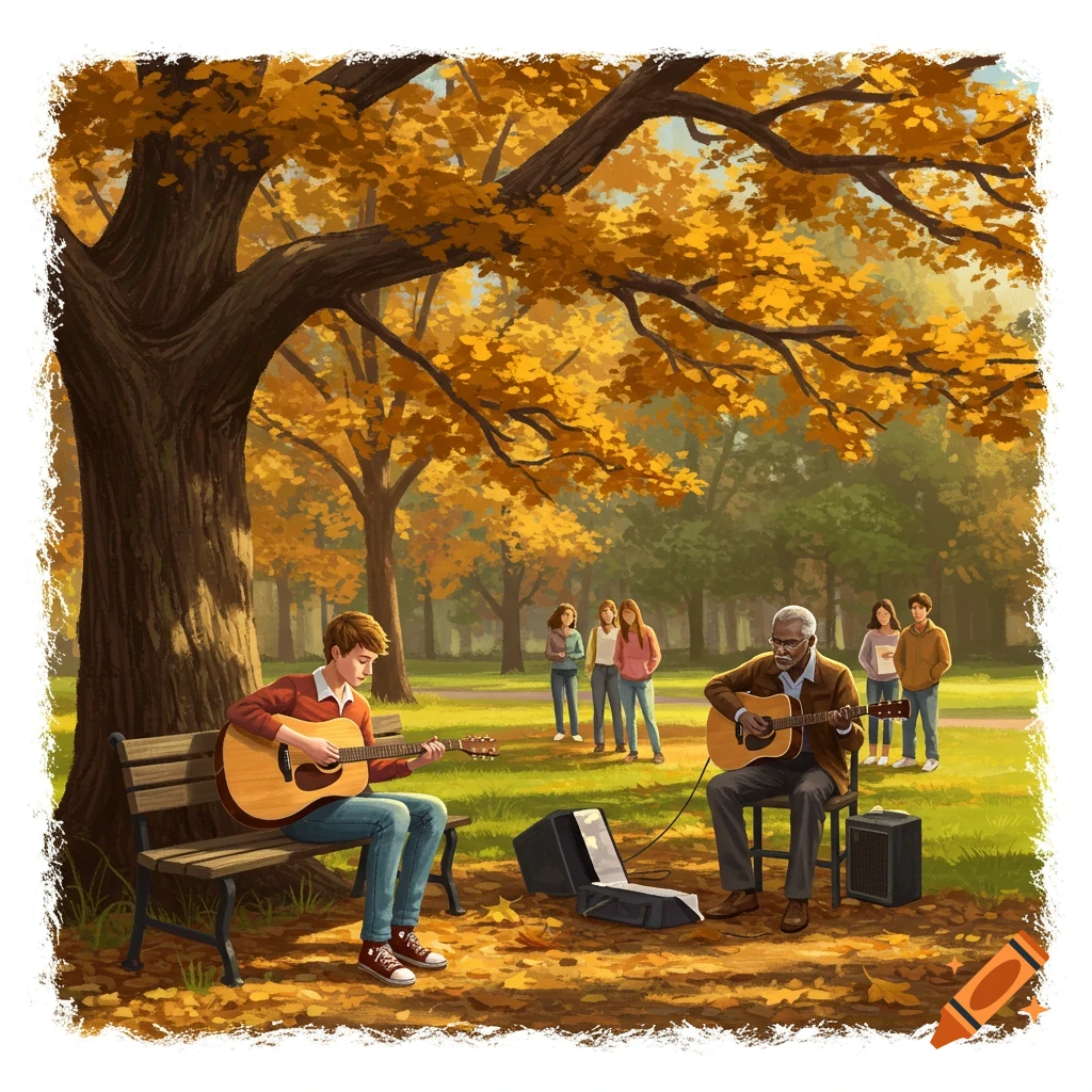 Two men play acoustic guitars in an autumn park, surrounded by people and trees with yellow leaves in an illustrative style.