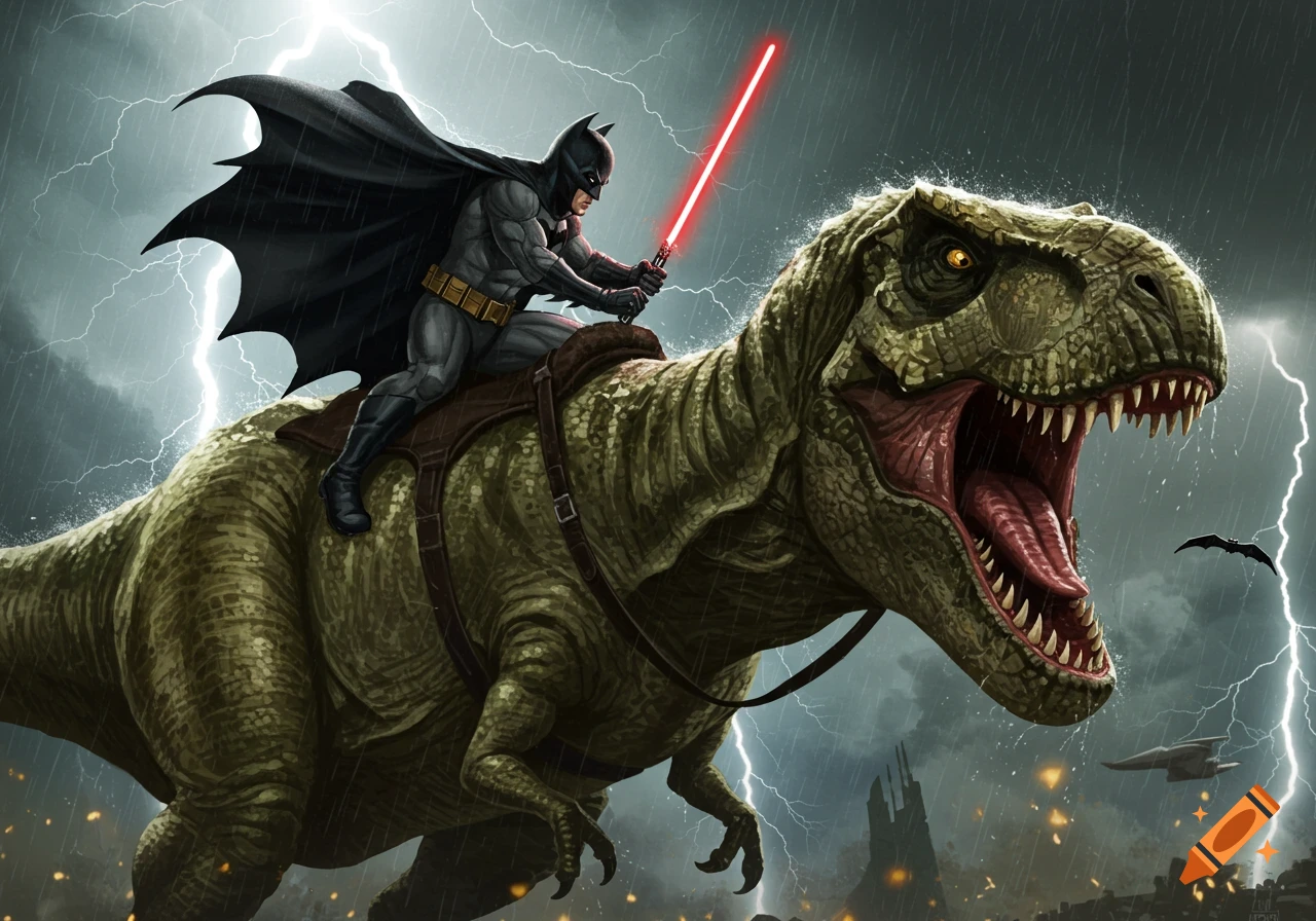 Batman riding a T-Rex through a lightning storm, wielding a red lightsaber.