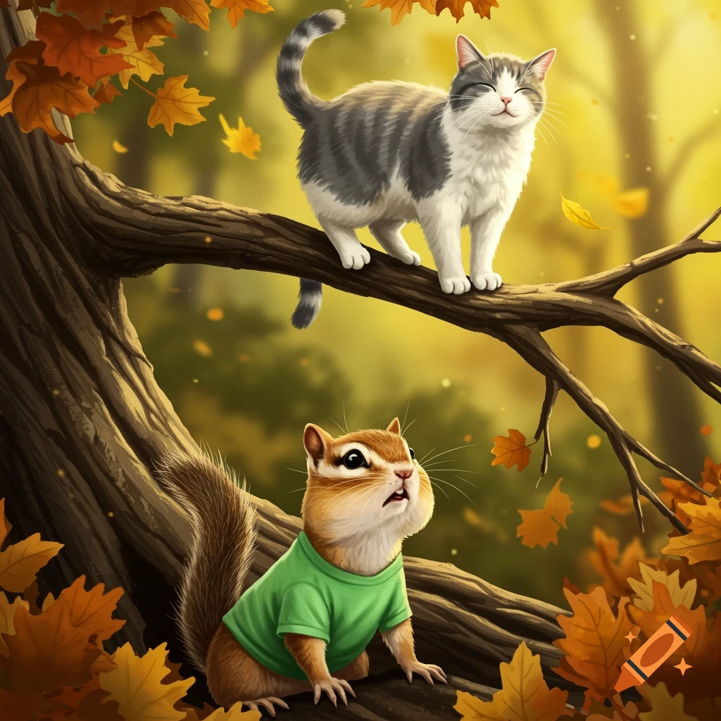 A cute gray and white cat stands on a tree branch above a chipmunk wearing a green t-shirt, set in an autumn forest.