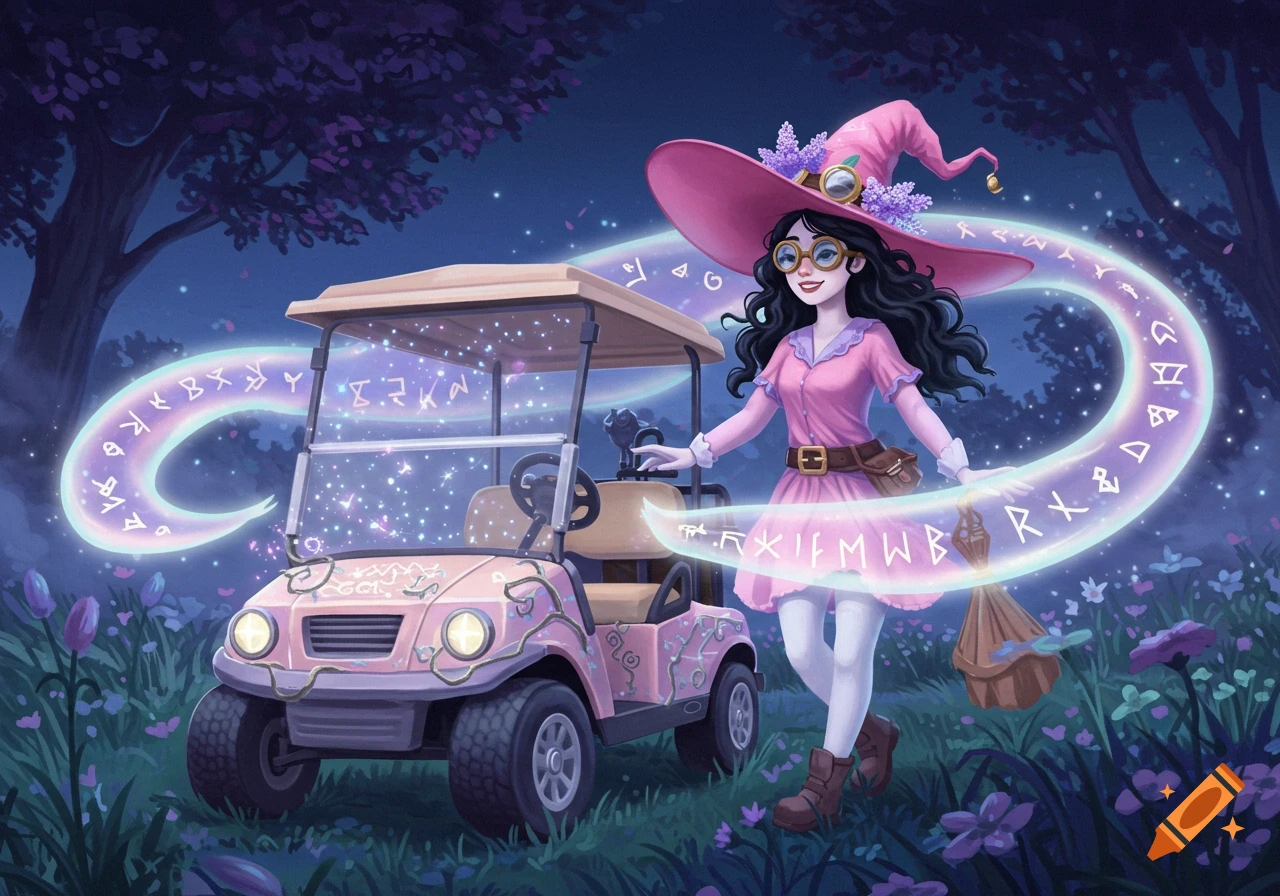 A whimsical illustration of a dark-haired witch in a pink hat and dress standing beside a pink golf cart, surrounded by glowing magical runes in a mystical forest setting at night.