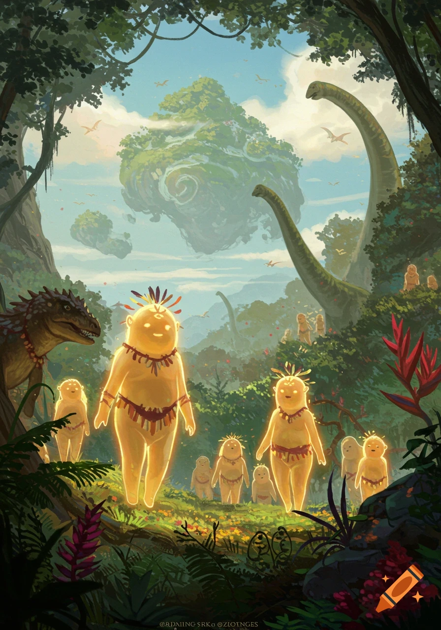 A vibrant fantasy jungle scene with glowing, golden-brown, bipedal creatures wearing ritual clothing walking among dinosaurs and floating islands under a bright sky.