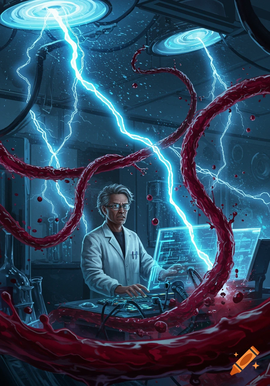 A scientist in a lab coat working at a computer with glowing blue lightning and red blood-like tendrils surrounding him.