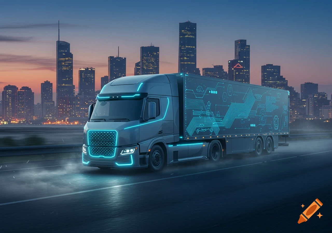 A futuristic grey semi-truck with glowing blue lights and circuit patterns on its trailer drives on a highway at dusk with a city skyline in the background.