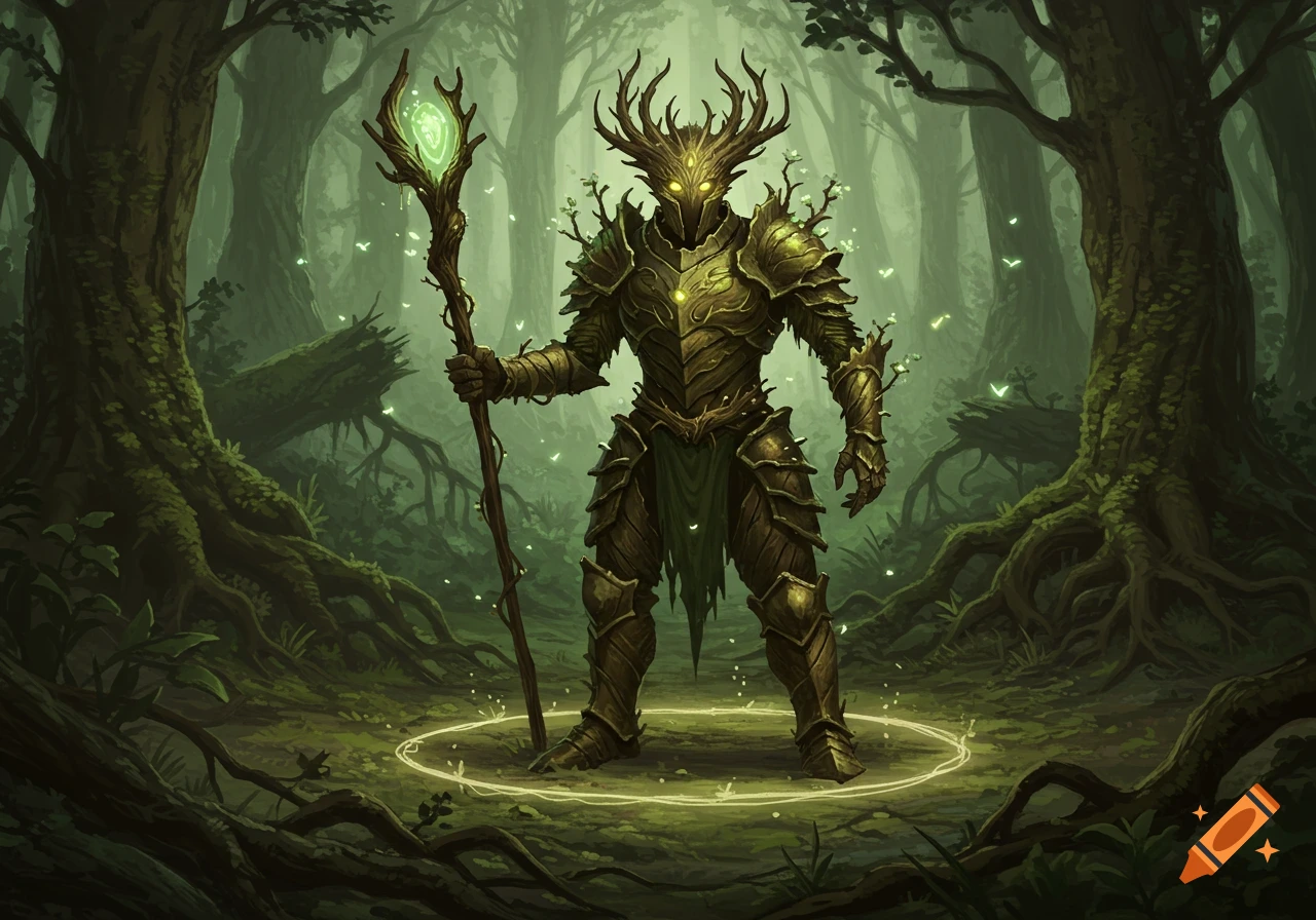 A majestic treant knight in intricate bark armor, with glowing eyes and antler-like horns, stands in a dark, mystical forest.