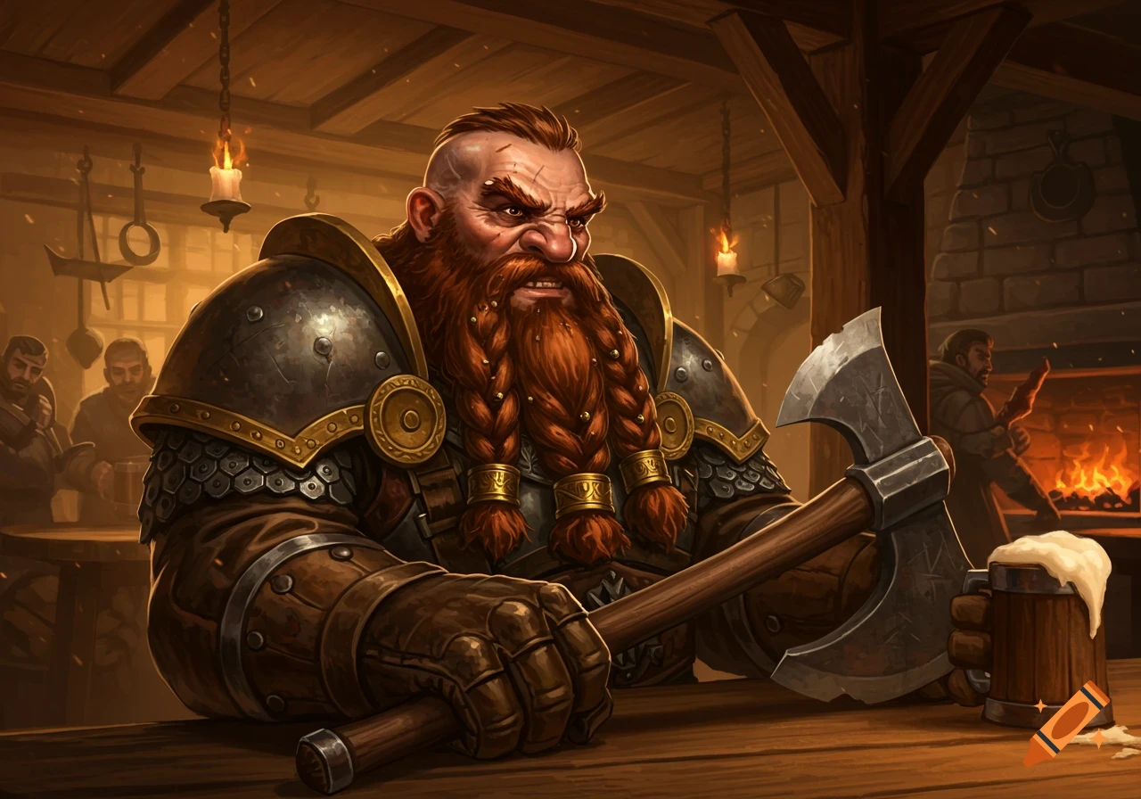 An angry dwarf with braided red beard and armor, holding an axe and a beer mug, sits at a wooden table in a dimly lit tavern.