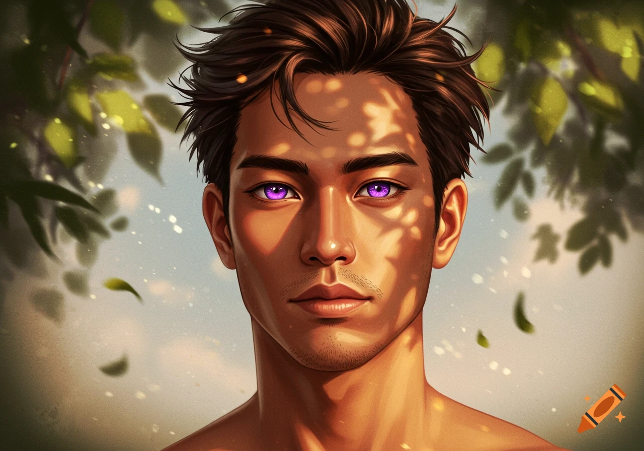 Close-up portrait of a man with purple eyes and messy brown hair, bathed in dappled sunlight under green leaves.