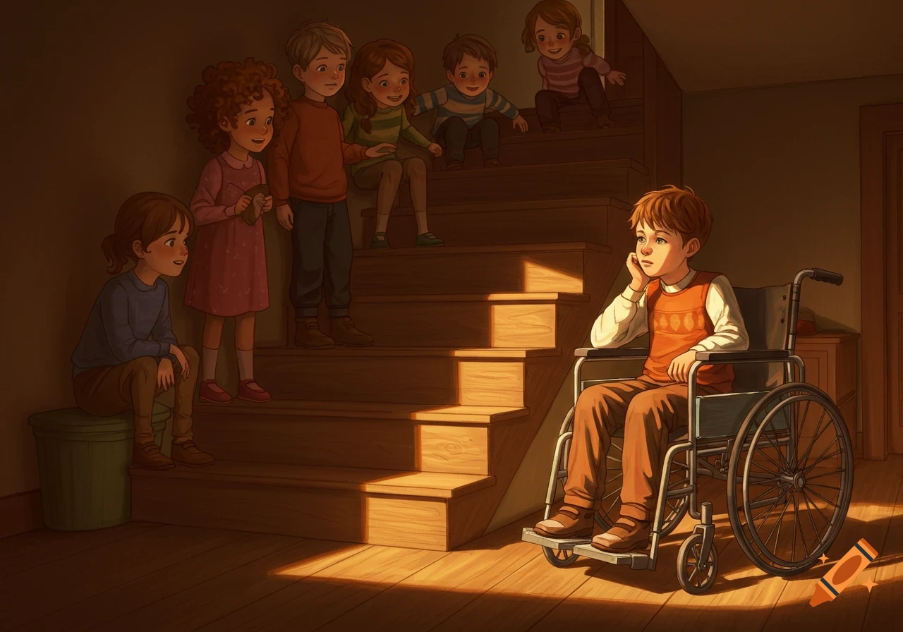 A boy in a wheelchair looks up at other children gathered on a staircase, bathed in warm, storybook-like light.