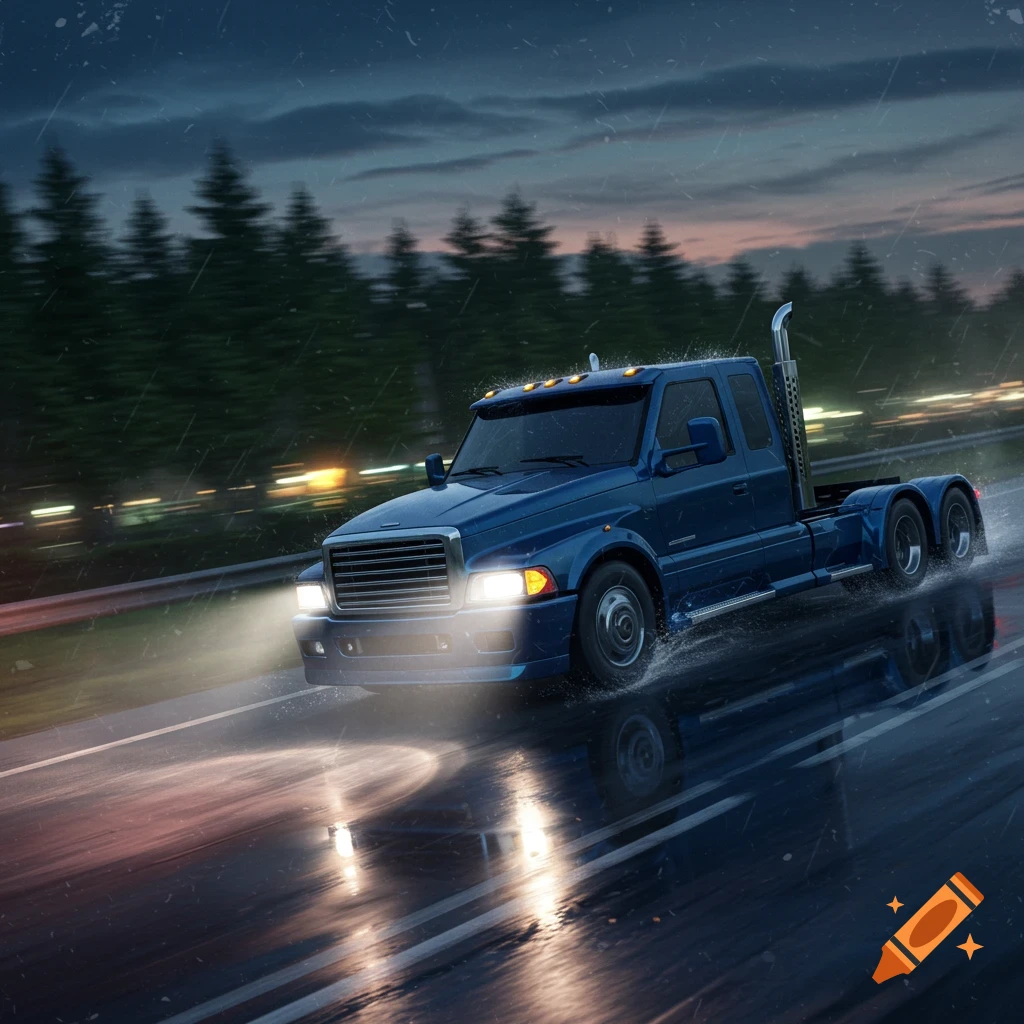 A blue heavy-duty pickup truck drives on a wet highway during a rain shower at dusk, with bright headlights and water splashes.