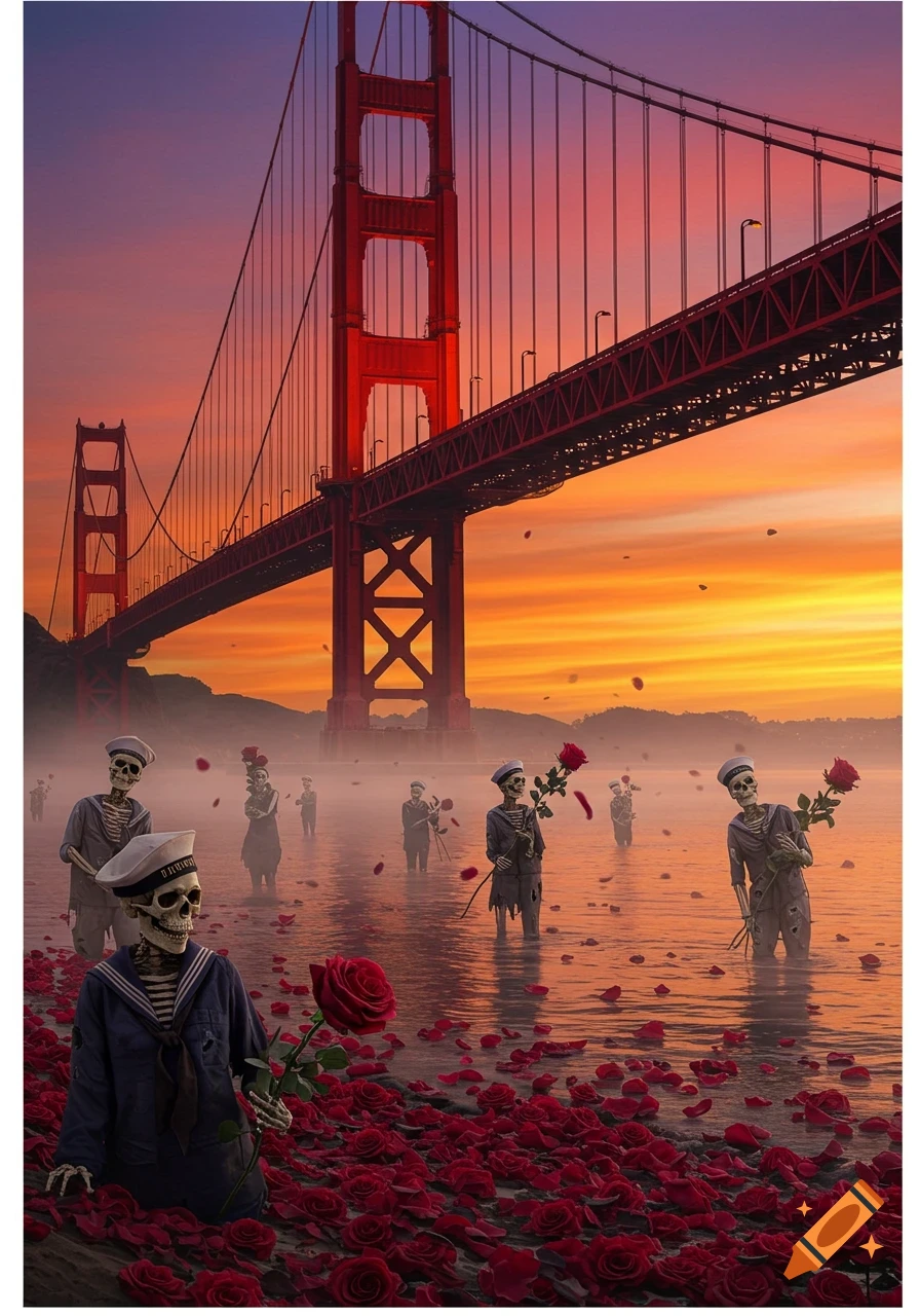 Golden Gate Bridge at sunset with skeletons in sailor outfits standing in rose-filled water, holding red roses.
