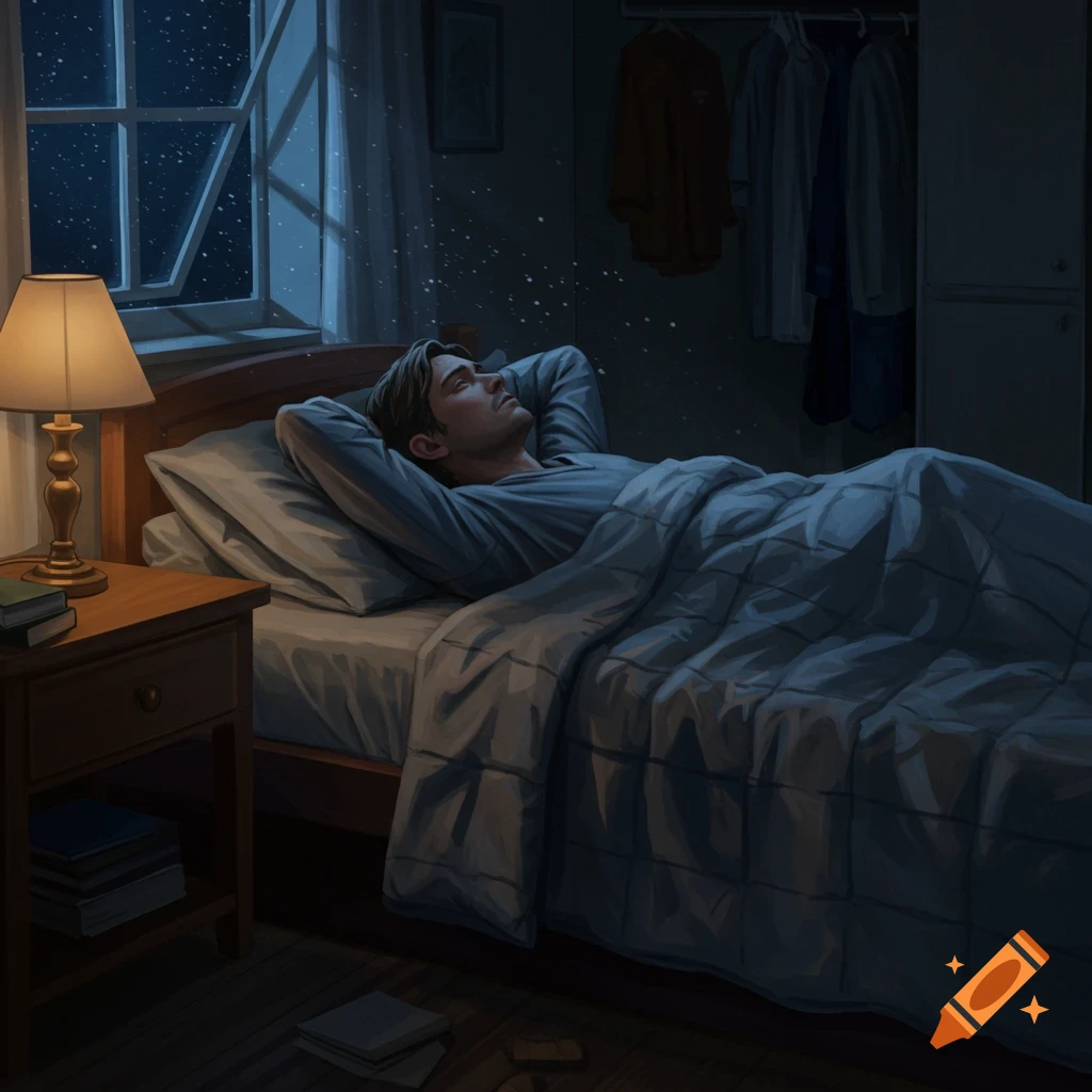 An illustrated man lies in bed at night, hands behind his head, looking up at the ceiling. A lamp lights the room.