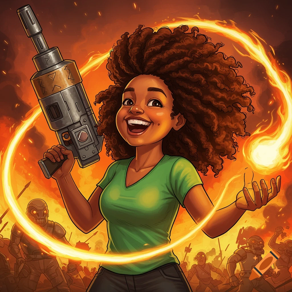 A smiling cartoon woman with curly hair holds a large gun and conjures fire, surrounded by a battlefield in a vibrant style.