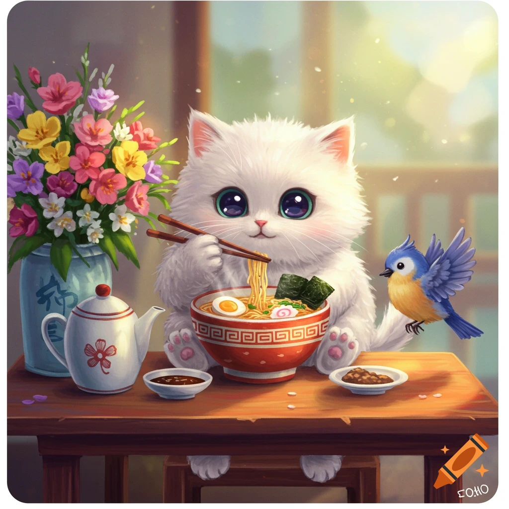 A cute fluffy white cat with large eyes eats ramen with chopsticks, while a blue bird perches beside its bowl on a wooden table.
