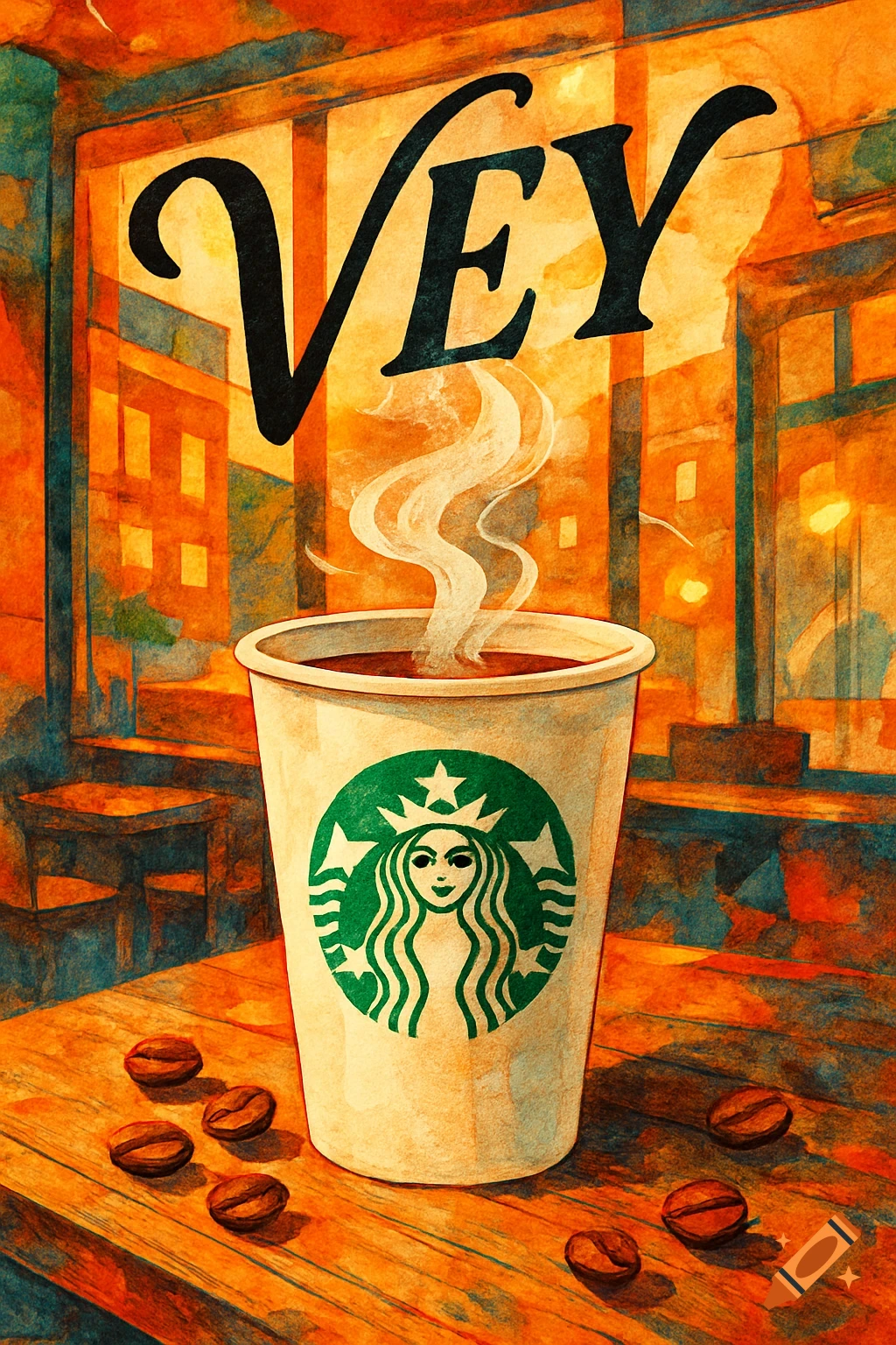 A watercolor illustration of a Starbucks coffee cup with steam rising, coffee beans on a wooden table, and the word 'VEY' above, set in a cafe.