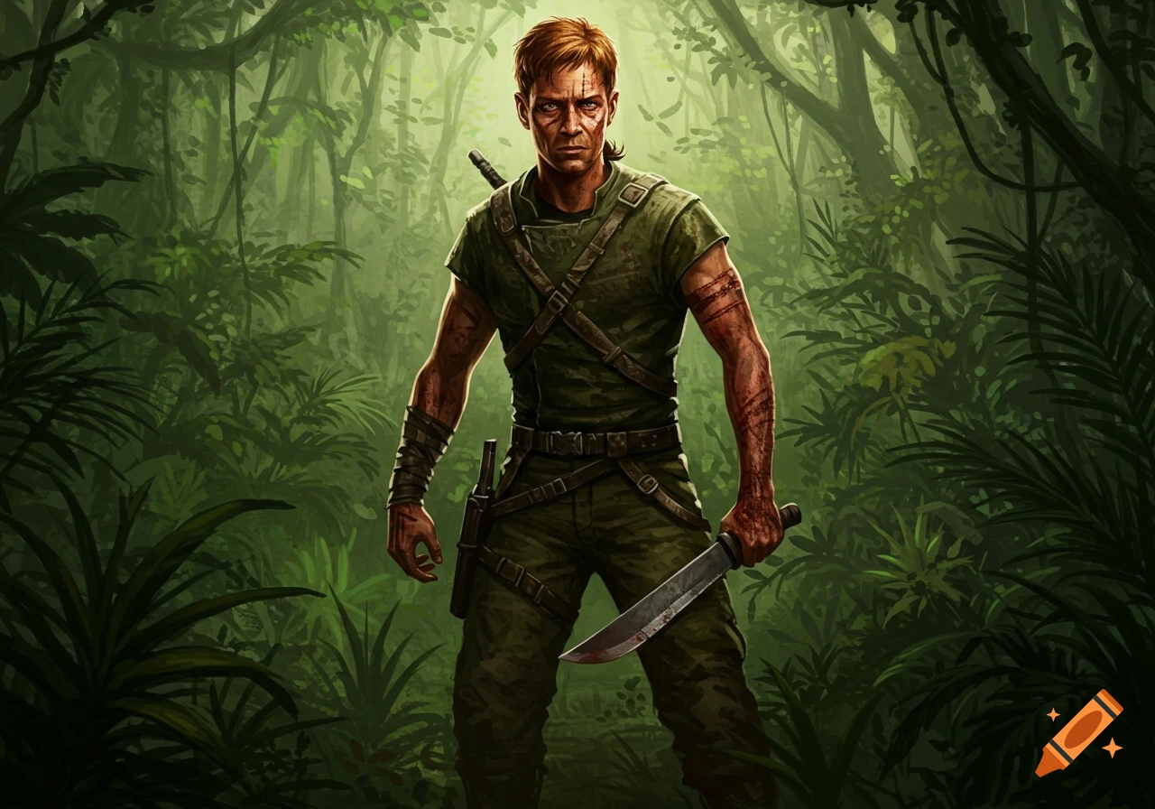 A fierce jungle fighter with a bloody machete and scratches on his arms stands in a dense, green jungle. Digital art.