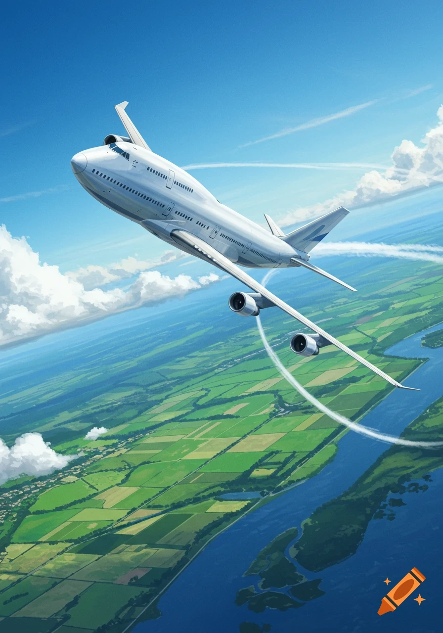A large white Boeing 747 airplane banks over a vibrant green and blue landscape with fields and a river.