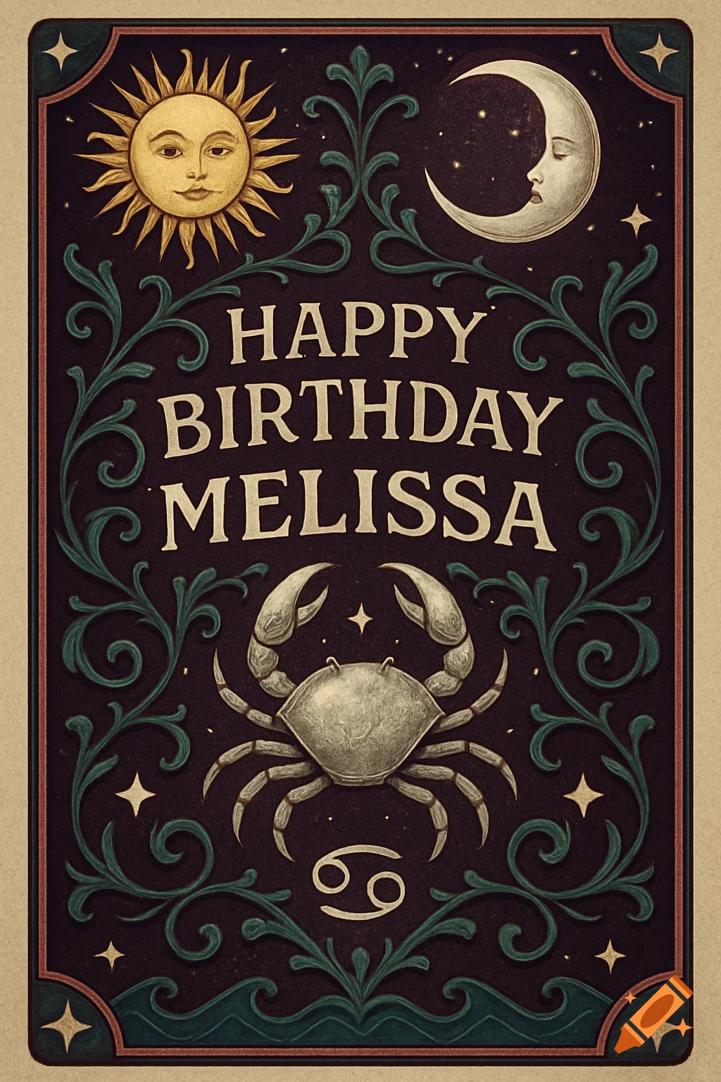 Vintage-style tarot card with a smiling sun, crescent moon, and a crab, surrounded by ornate foliage. Text reads 'HAPPY BIRTHDAY MELISSA'.