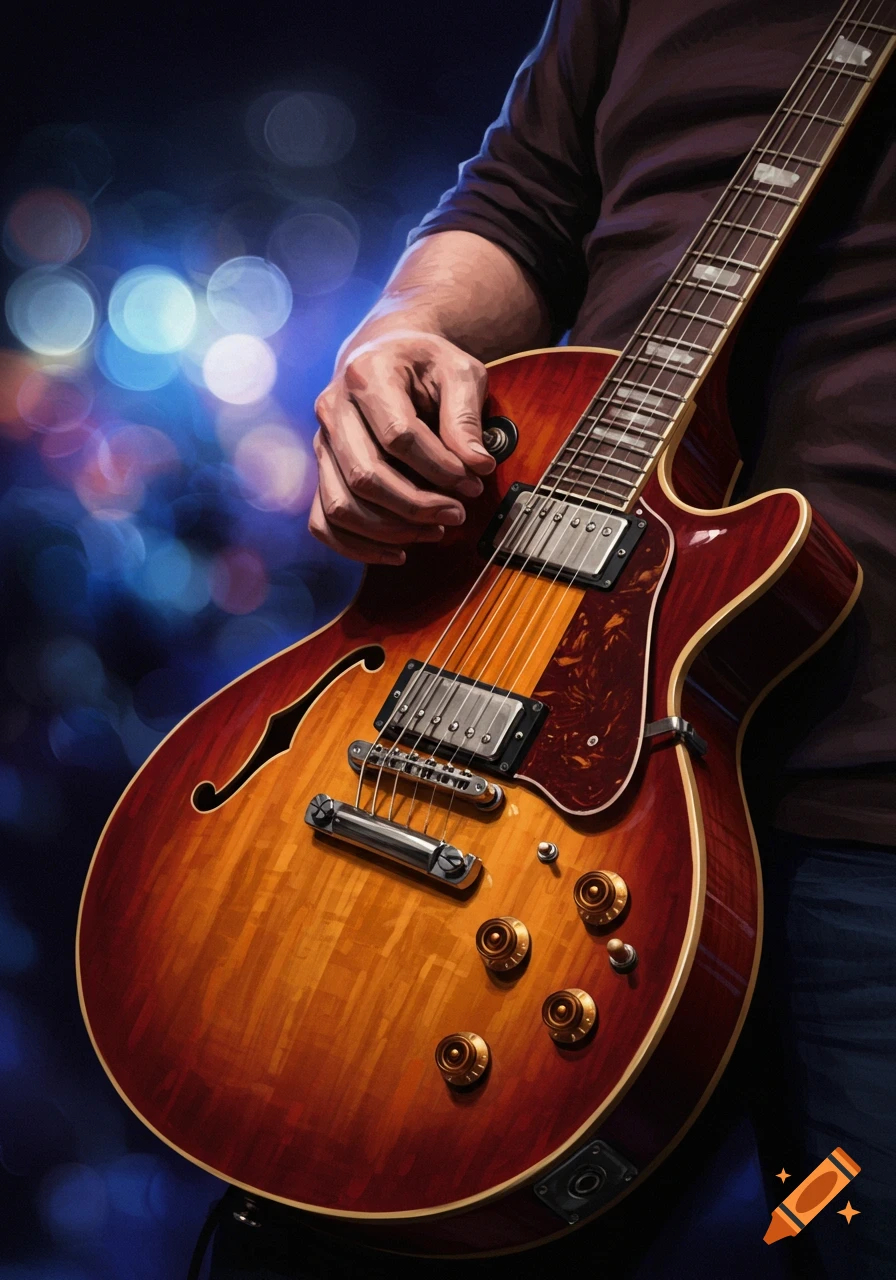 Close-up of a person holding a sunburst electric guitar against a blurry blue and white bokeh background.