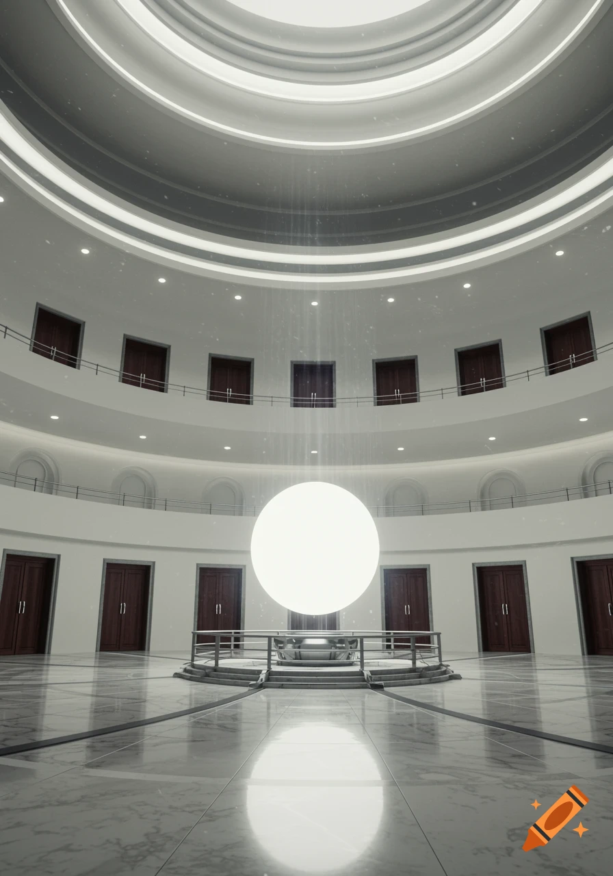 A grand circular room with multiple doors lining the walls and a large, glowing white orb radiating light in the center.