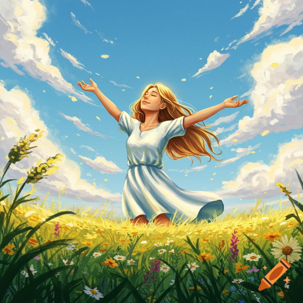 A woman in a white dress with outstretched arms stands in a field of yellow and white flowers under a bright blue sky with clouds.