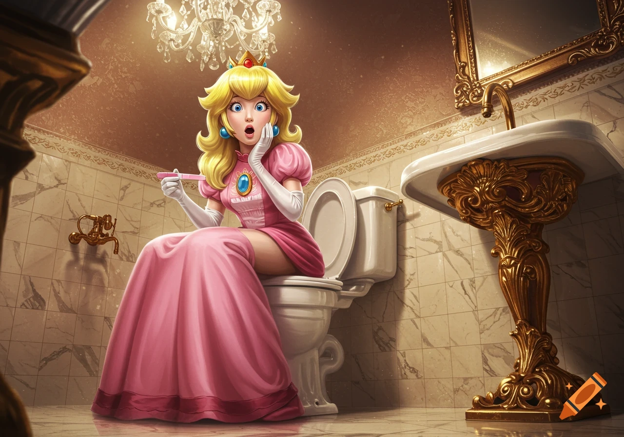 Princess Peach on a toilet in a luxurious bathroom, looking shocked at a pregnancy test, in a glossy movie poster style.