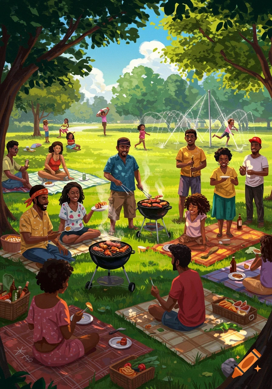 An illustration of a group of Black people enjoying a barbecue picnic in a sunny park with trees and water sprinklers.