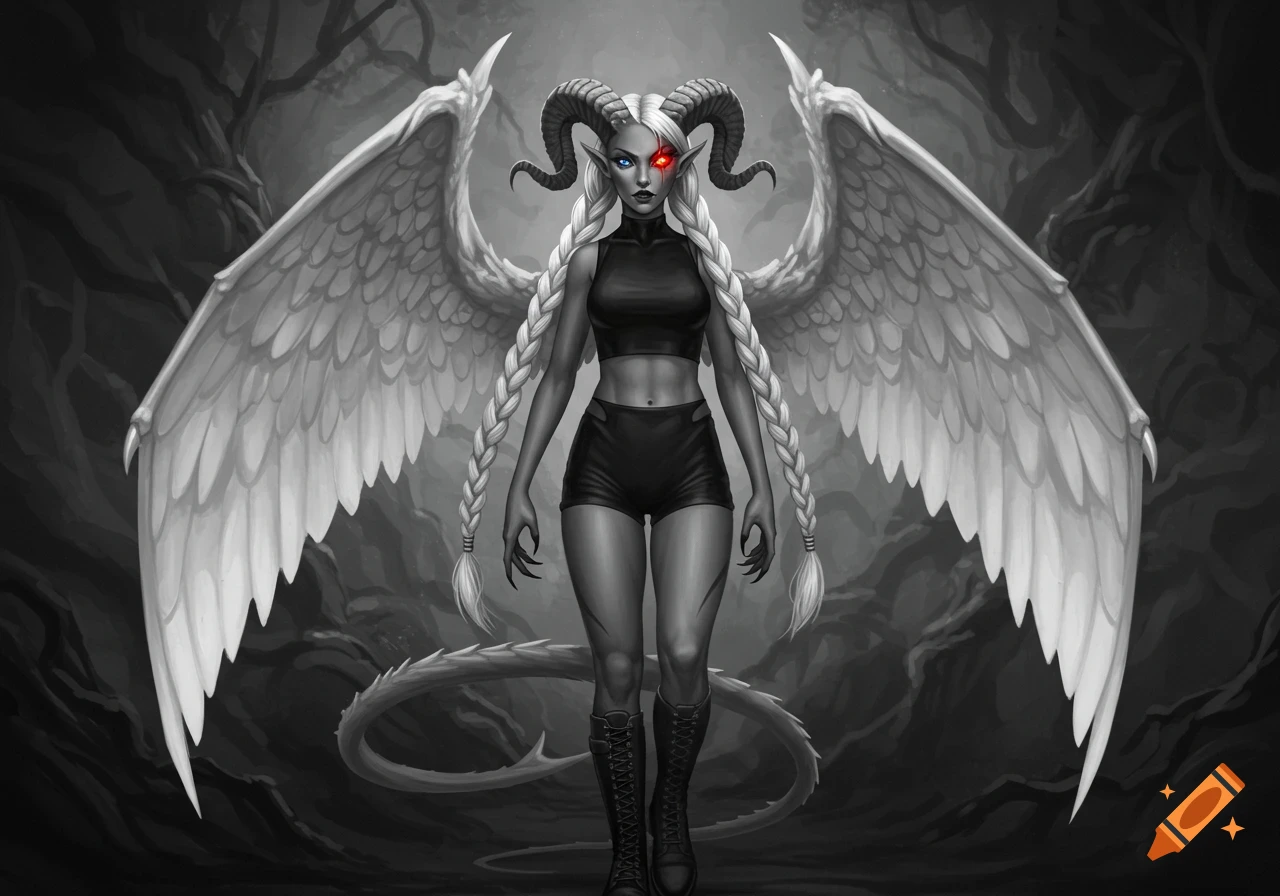 A grayscale fantasy character, a woman with large white wings, ram horns, a long tail, and braided white hair, wearing a crop top, shorts, and combat boots. One eye is blue, the other red.