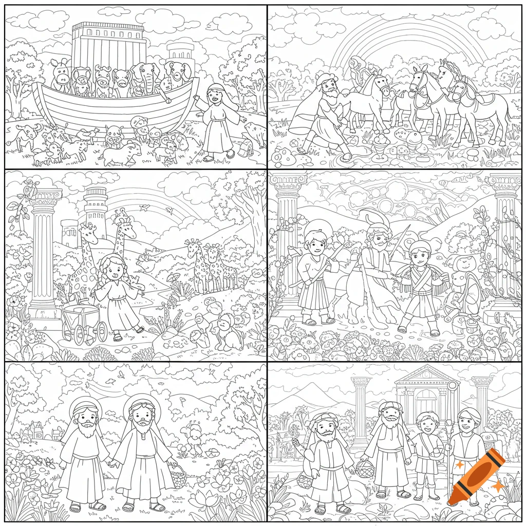 Six black and white line art drawings for a children's coloring book, depicting various biblical scenes.